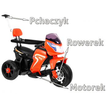 Pchaczyk Rowerek Motorek elektryczny 3w1 dla dzieci Pomarańczowy + Piankowa poręcz + Audio LED